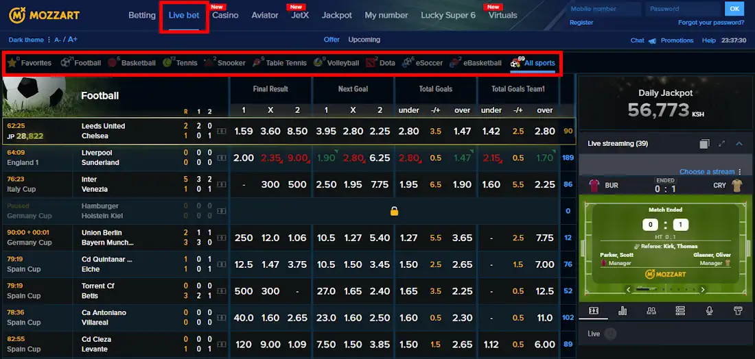 MozzartBet Kenya Live betting Screenshot